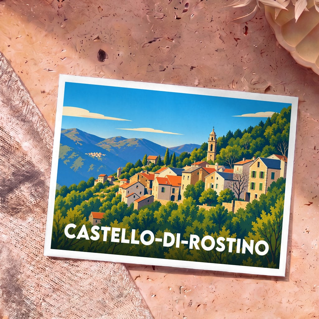 Carte postale souvenir de la ville de Castello-di-Rostino avec une illustration stylisée d'un village de montagne corse.