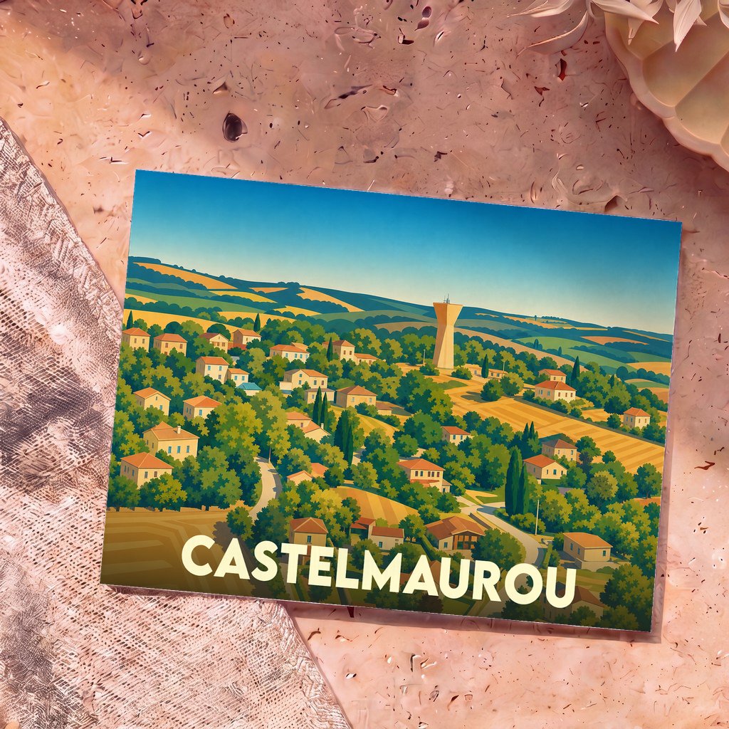 Carte postale souvenir de la ville de Castelmaurou avec une illustration stylisée et colorée de ses paysages vallonnés.