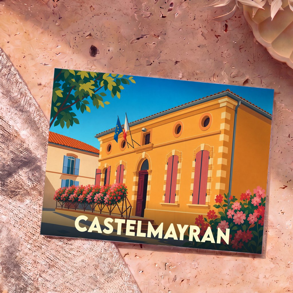 Carte postale souvenir de la ville de Castelmayran avec une illustration stylisée de sa mairie fleurie.
