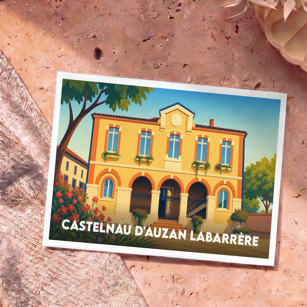 Carte postale souvenir de la ville de Castelnau d'Auzan Labarrère avec une illustration stylisée de sa mairie.