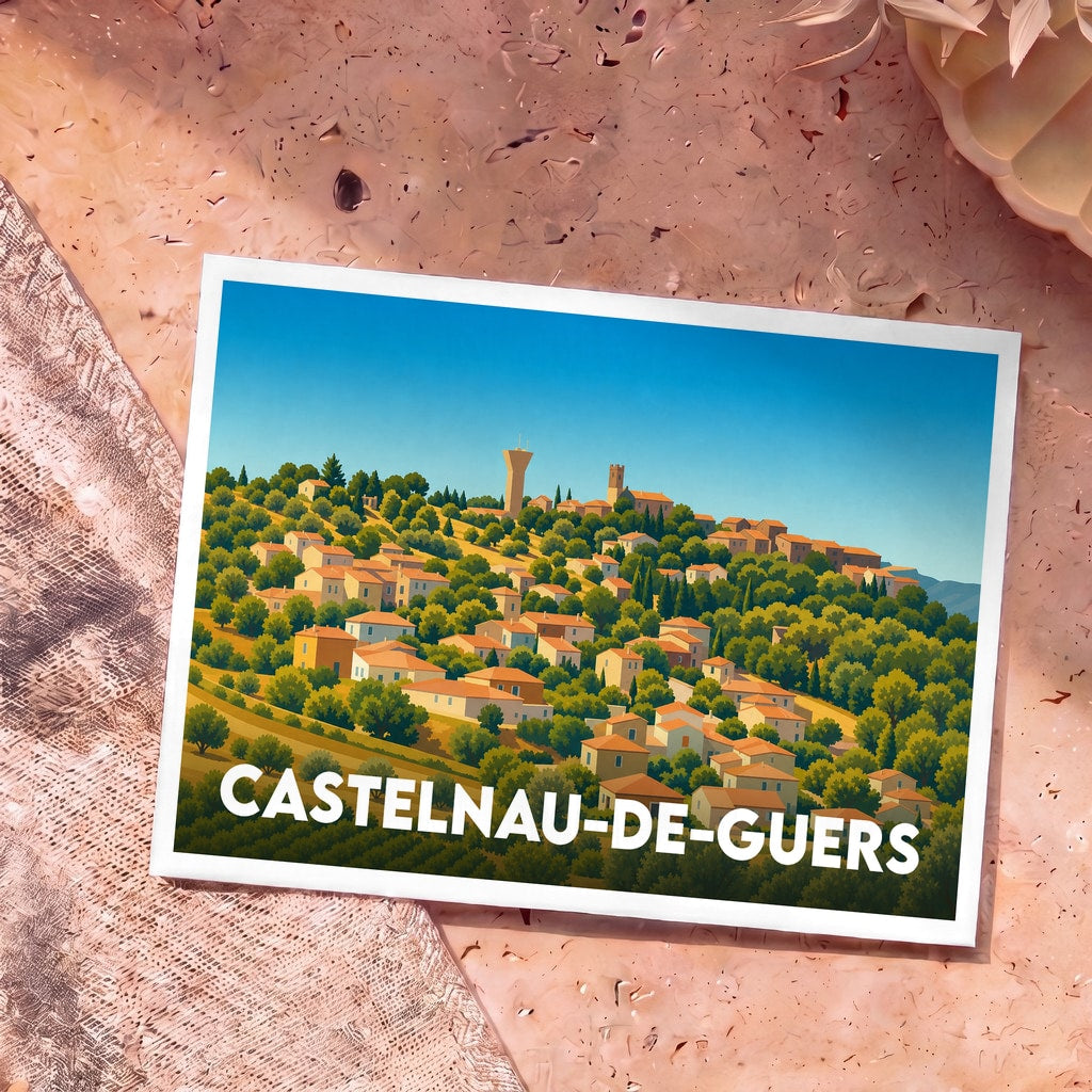 Carte postale souvenir de Castelnau-de-Guers avec une illustration stylisée du village perché sur une colline arborée.