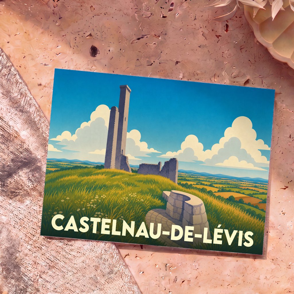 Carte postale souvenir de Castelnau-de-Lévis illustrant les ruines de son château et sa tour de guet dans un style graphique épuré.