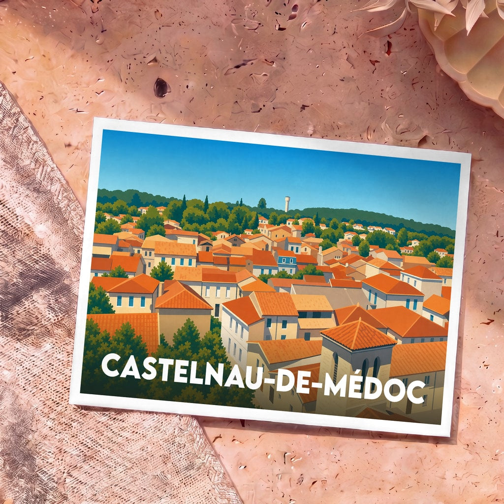 Carte postale souvenir de la ville de Castelnau-de-Médoc illustrant ses toits typiques et sa forêt environnante.