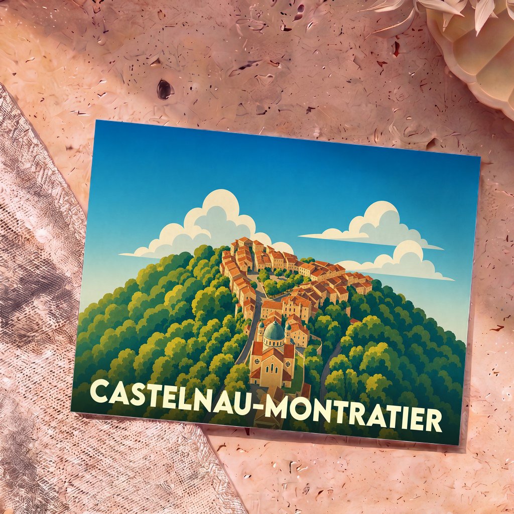 Carte postale souvenir de la ville de Castelnau-Montratier avec une illustration stylisée d'un village perché au cœur de la forêt.