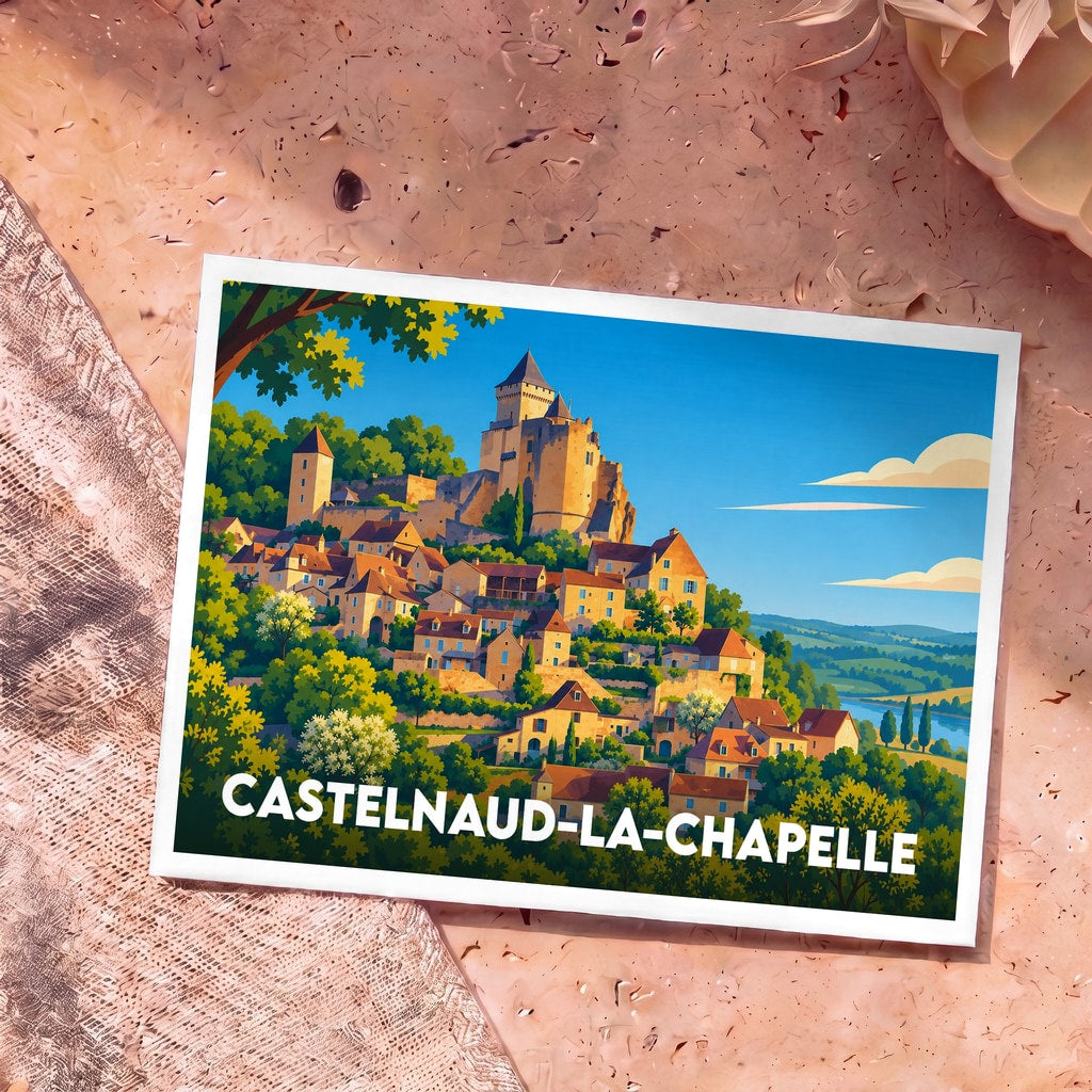 Carte postale souvenir de Castelnaud-la-Chapelle avec une illustration colorée de son château médiéval surplombant le village.
