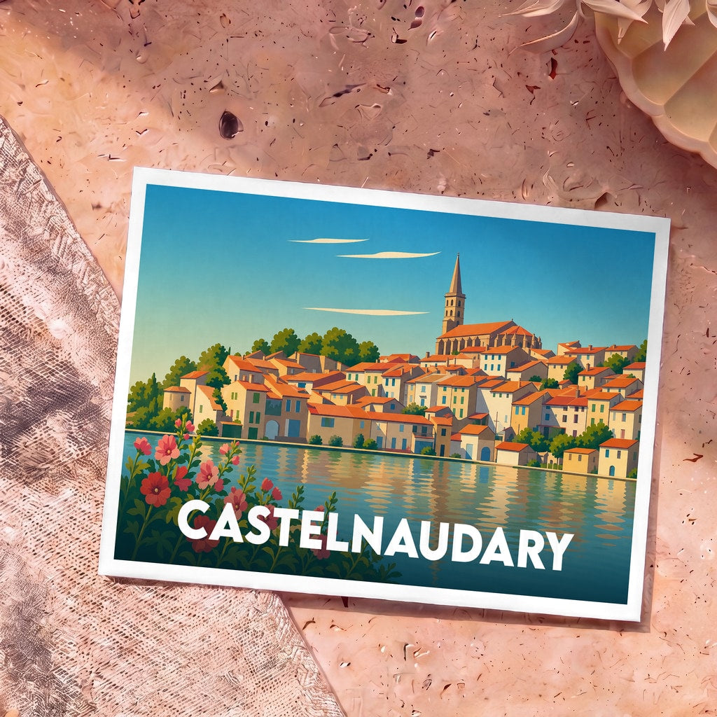 Carte postale souvenir de la ville de Castelnaudary avec une illustration stylisée.