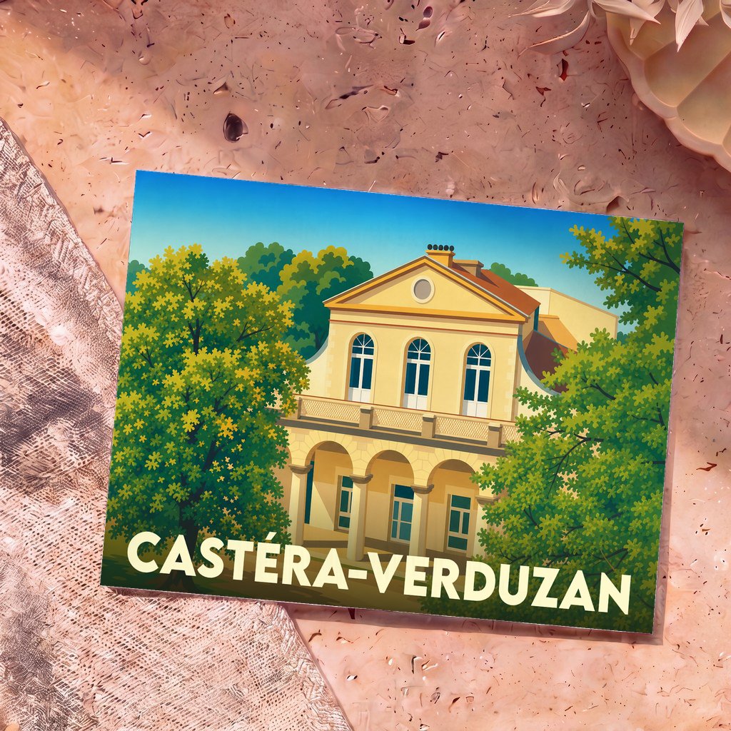 Carte postale souvenir de Castéra-Verduzan représentant une bâtisse historique illustrée dans un style vintage.