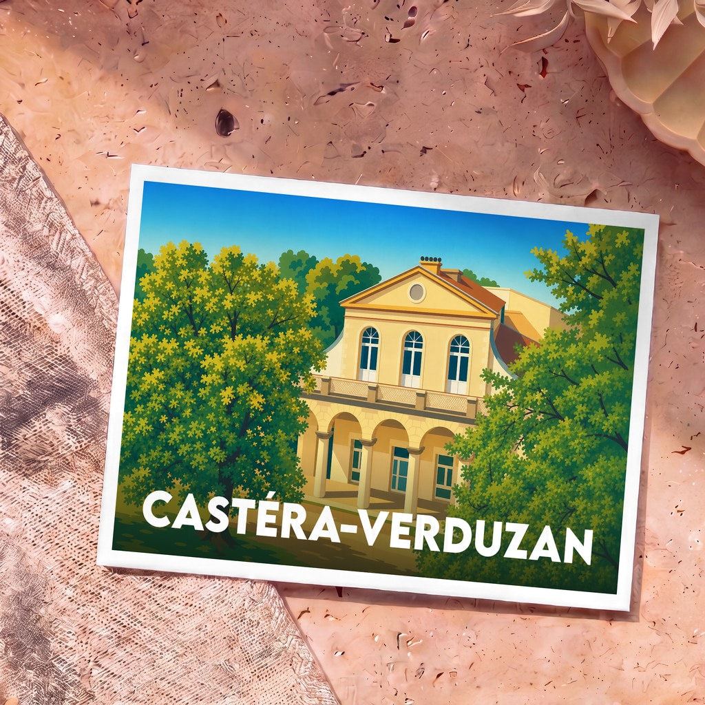 Carte postale souvenir de Castéra-Verduzan représentant une bâtisse historique illustrée dans un style vintage.