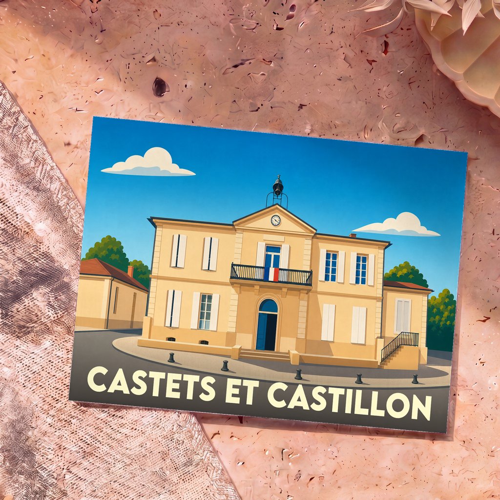 Carte postale souvenir de la commune de Castets et Castillon représentant son hôtel de ville dans un style graphique épuré.