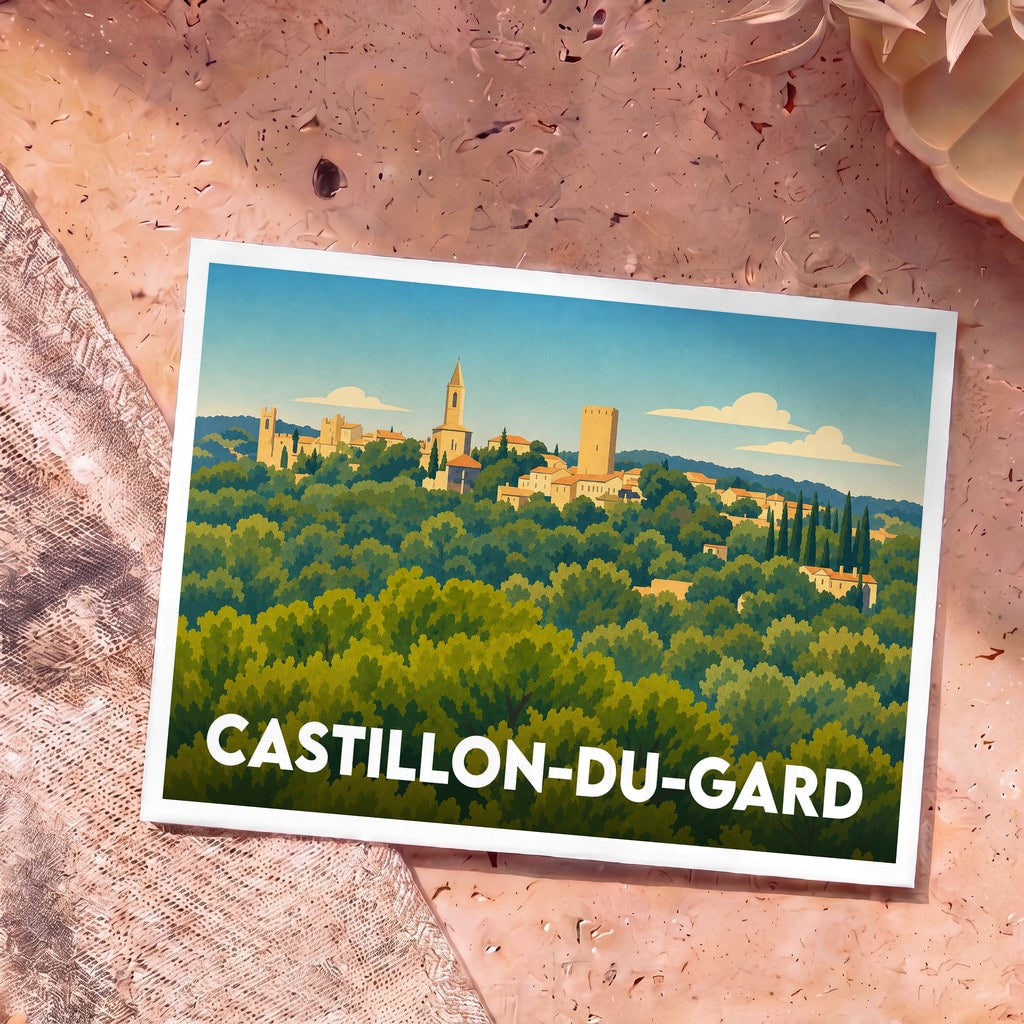 Carte postale souvenir de la ville de Castillon-du-Gard avec une illustration stylisée d'un village perché.