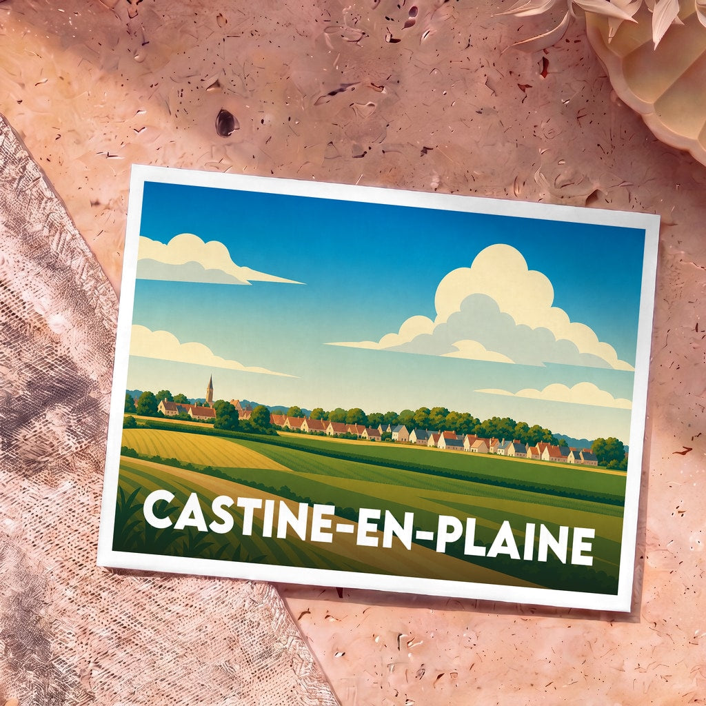 Carte postale souvenir de la ville de Castine-en-Plaine illustrant un paysage de campagne stylisé sous un ciel azur.