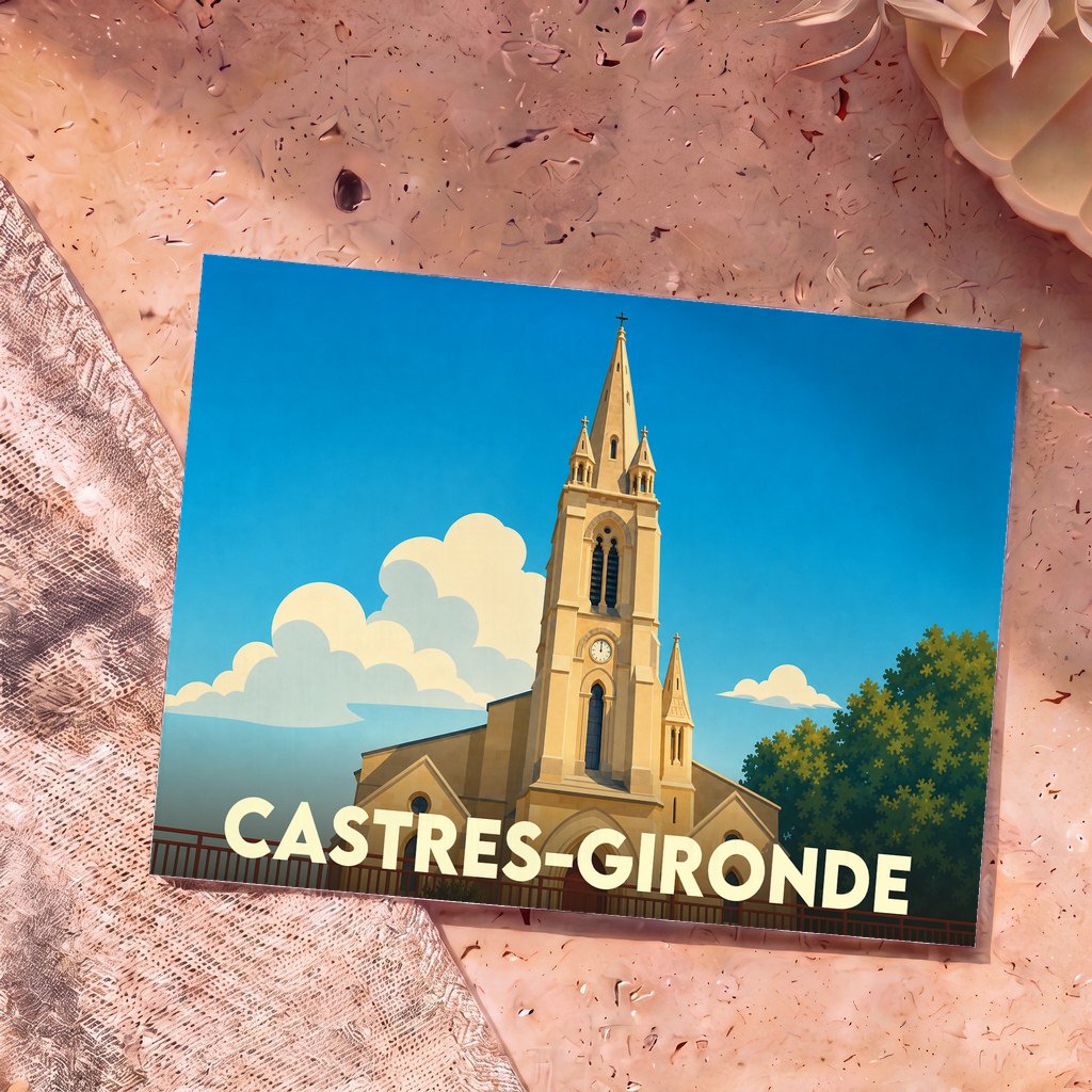 Carte postale souvenir de la ville de Castres-Gironde illustrant son église avec un style graphique épuré.