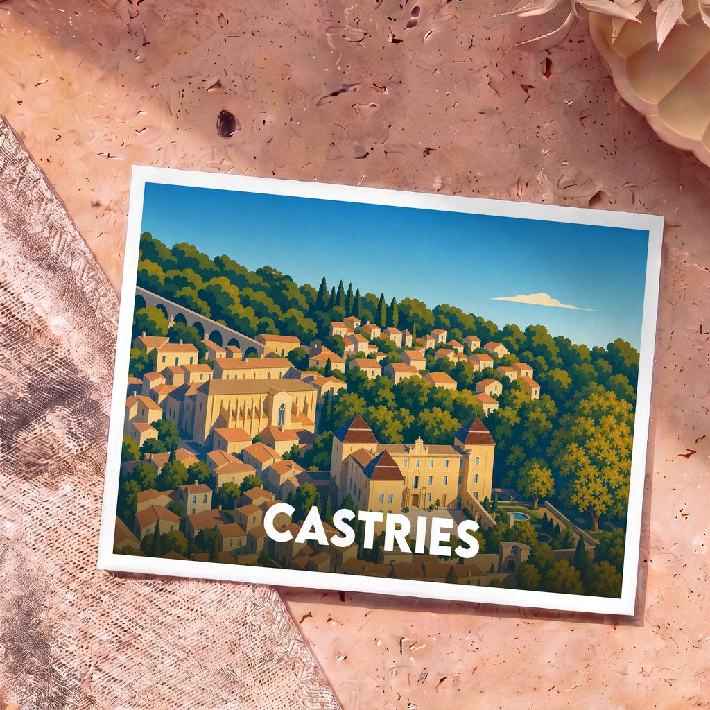 Carte postale souvenir de la ville de Castries avec une illustration stylisée montrant le château et l'aqueduc.