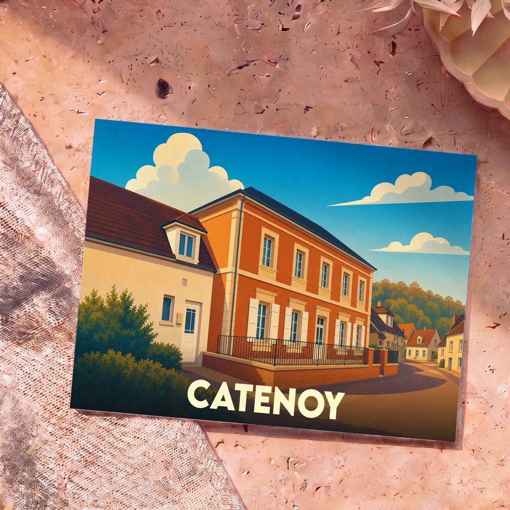 Carte postale souvenir de la ville de Catenoy avec une illustration stylisée.