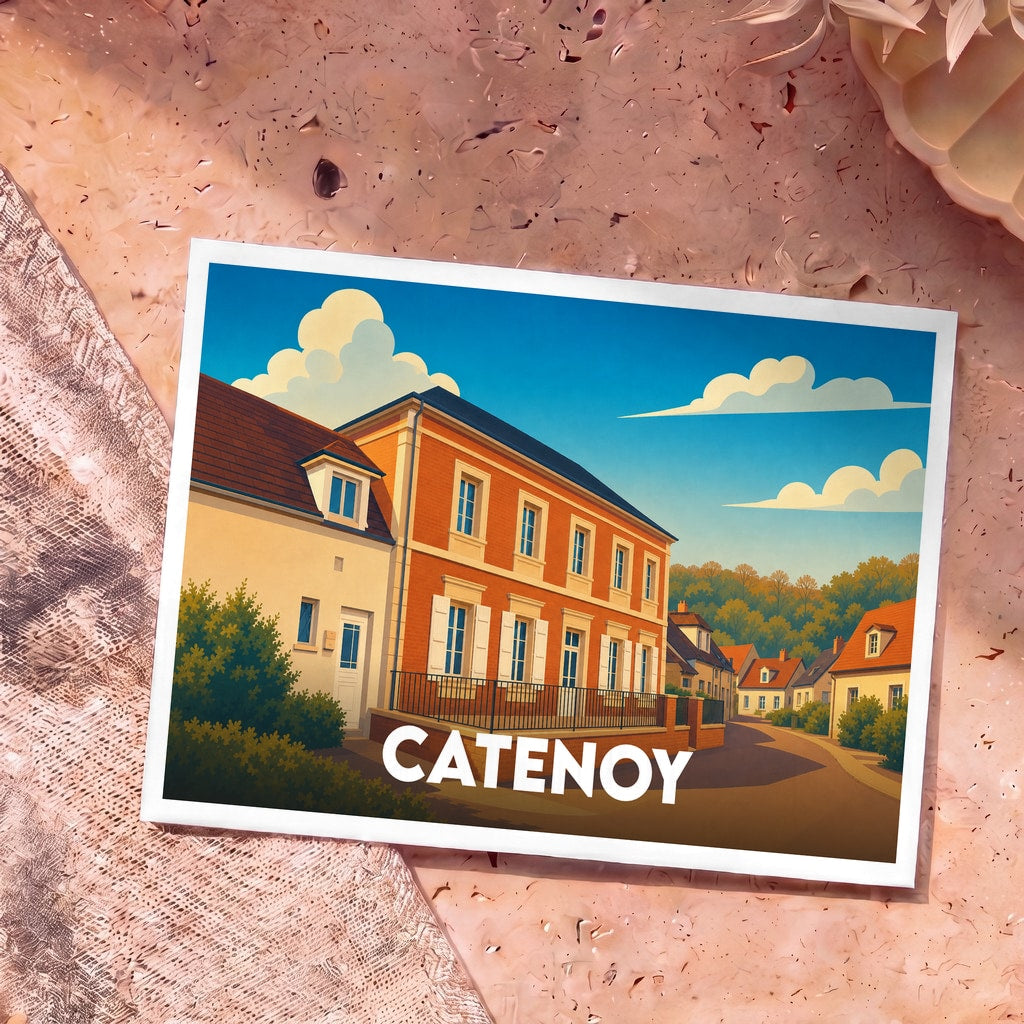 Carte postale souvenir de la ville de Catenoy avec une illustration stylisée.