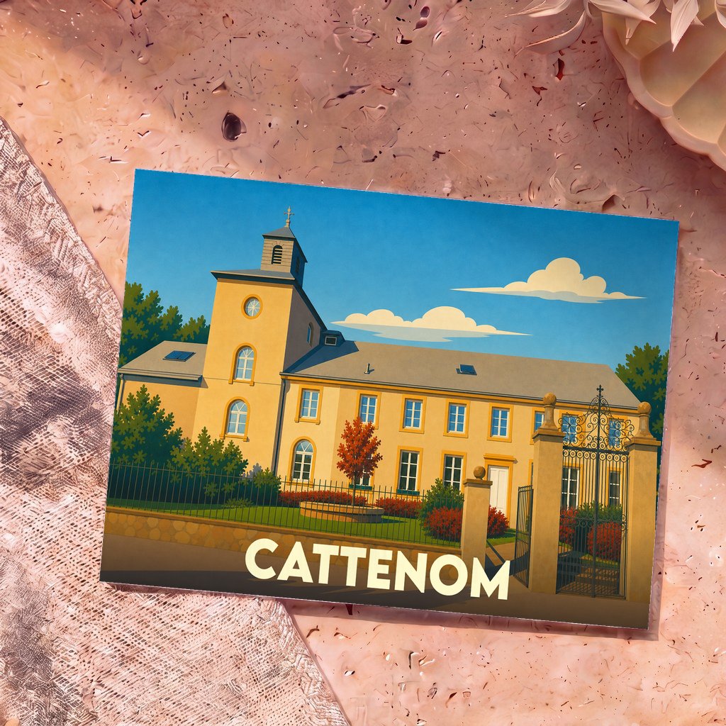 Carte postale souvenir de la ville de Cattenom avec une illustration stylisée d'un bâtiment historique jaune sous un ciel bleu.