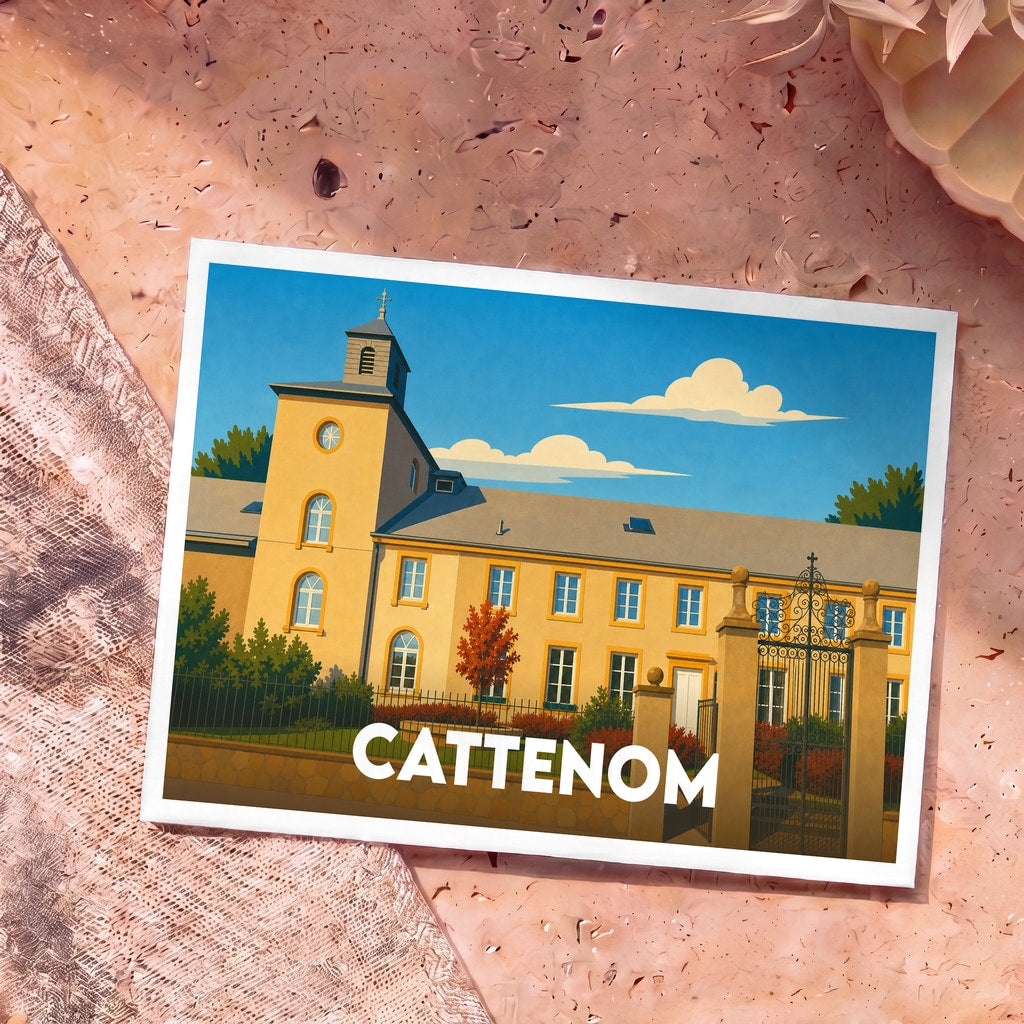 Carte postale souvenir de la ville de Cattenom avec une illustration stylisée d'un bâtiment historique jaune sous un ciel bleu.