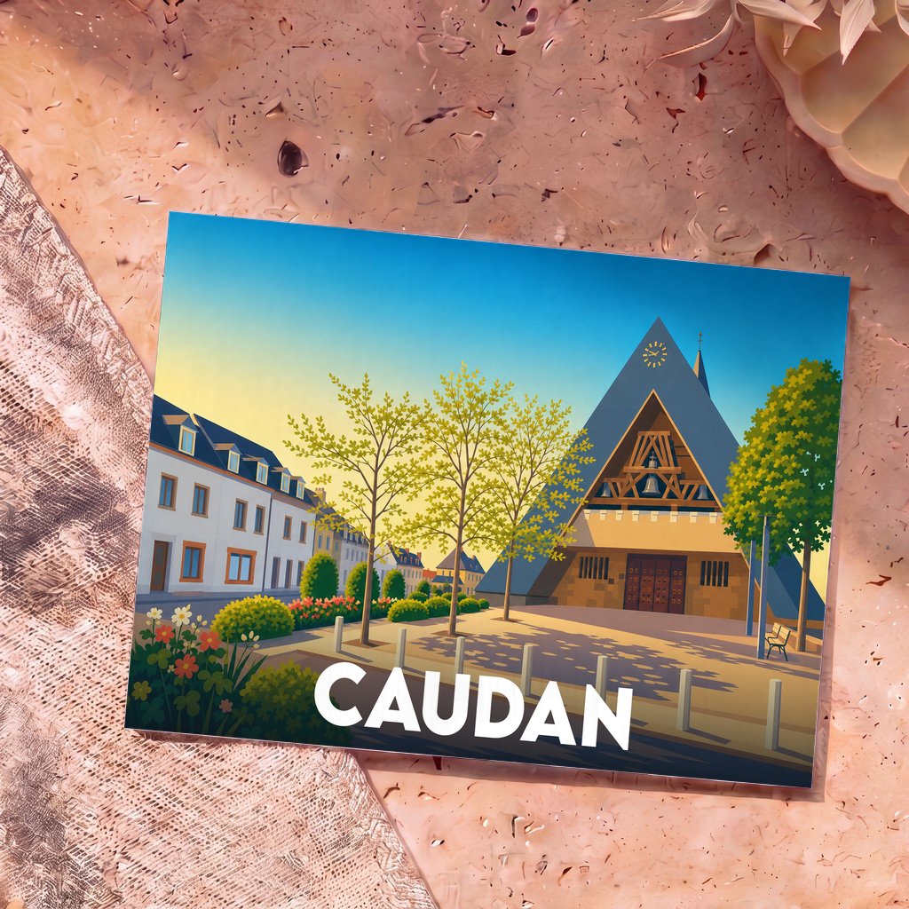 Carte postale souvenir de la ville de Caudan avec une illustration stylisée de son église et de ses maisons typiques.