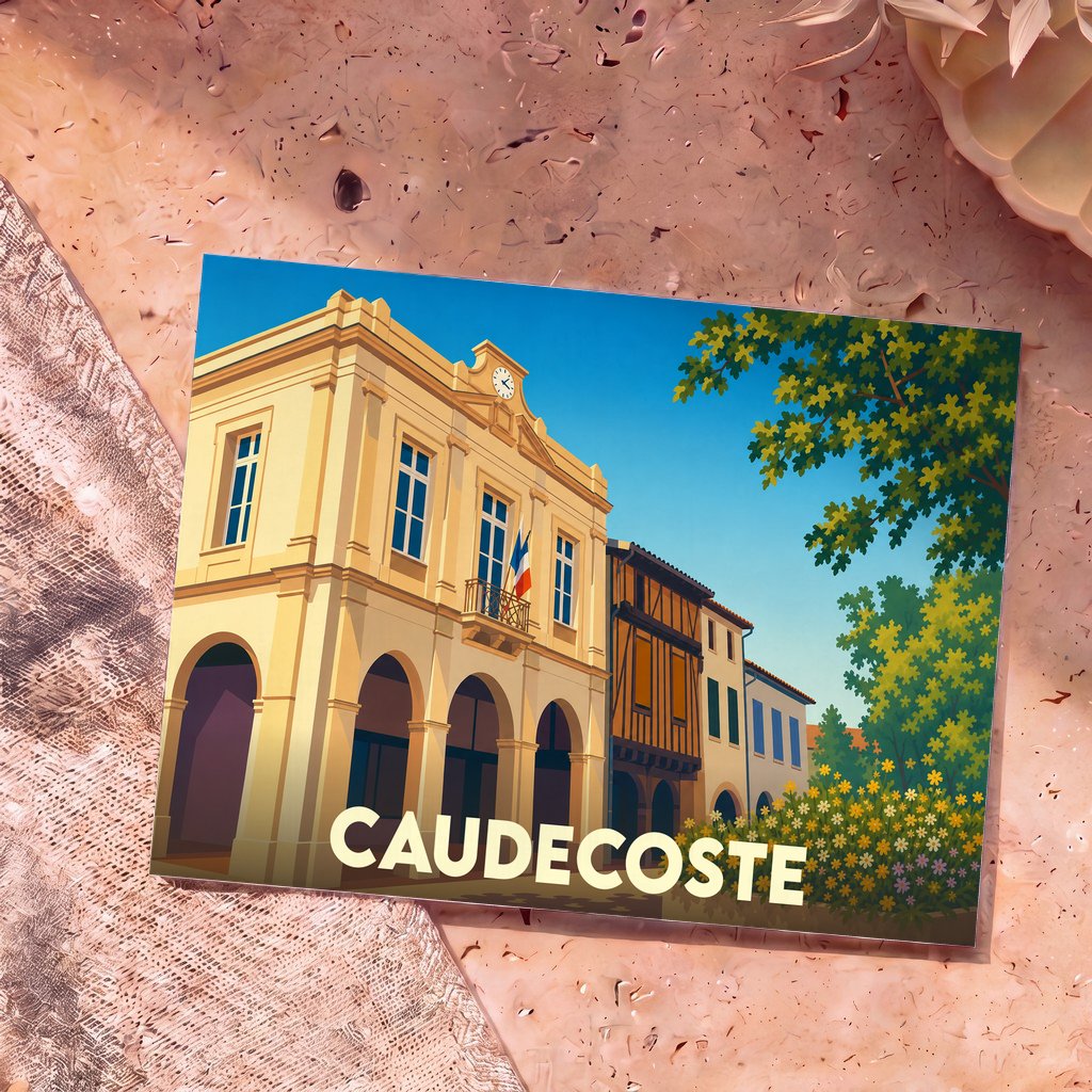 Carte postale souvenir de la ville de Caudecoste avec une illustration stylisée de sa mairie et de ses arcades.