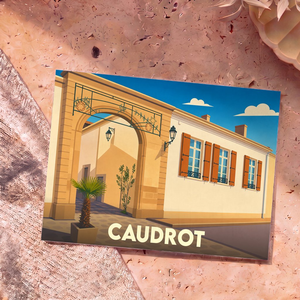 Carte postale souvenir de la ville de Caudrot avec une illustration stylisée d'un bâtiment typique.