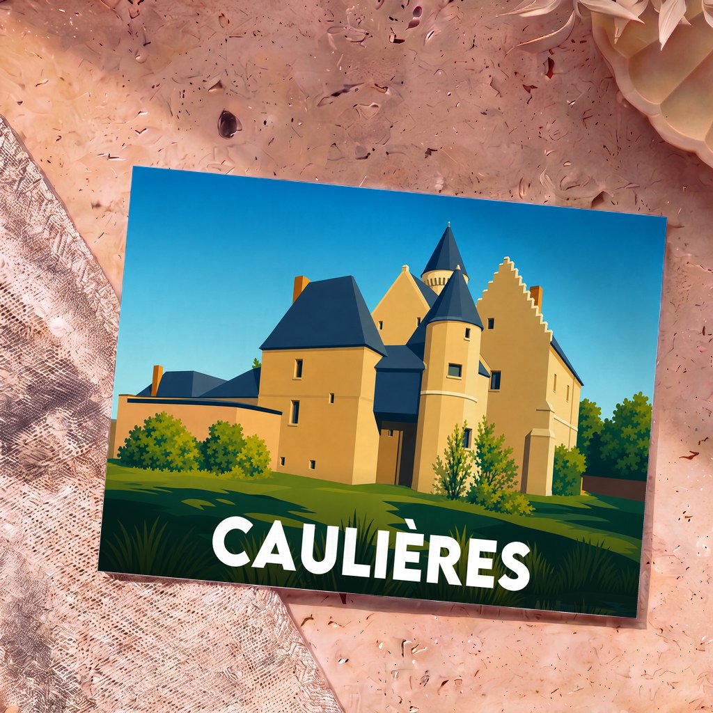 Carte postale souvenir de la ville de Caulières avec une illustration stylisée d'un château.