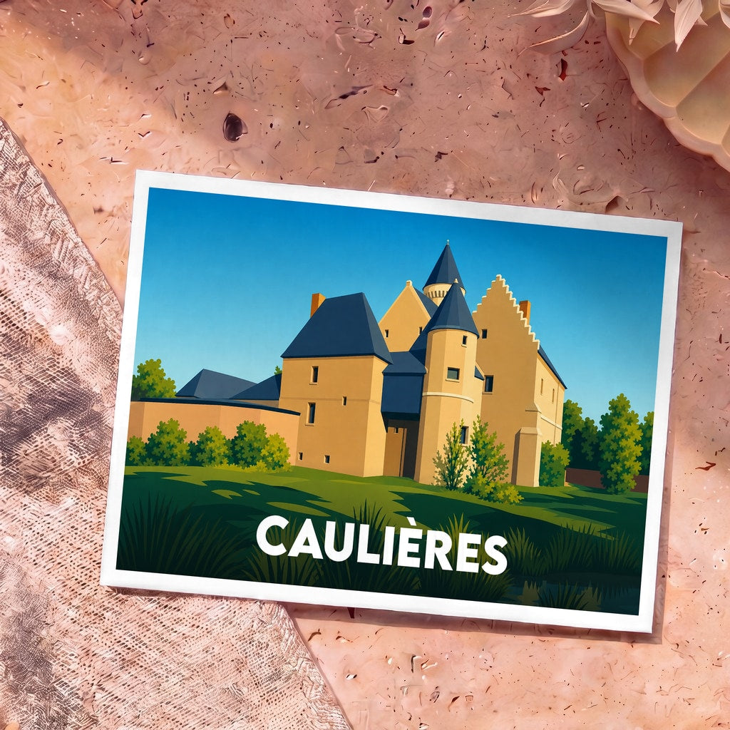 Carte postale souvenir de la ville de Caulières avec une illustration stylisée d'un château.