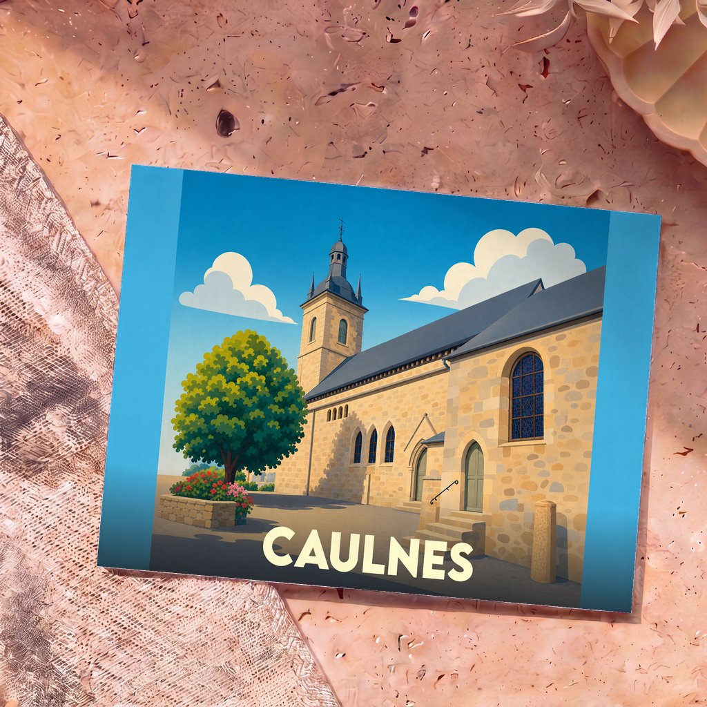 Carte postale souvenir de la ville de Caulnes illustrée d'une église sous un ciel bleu.