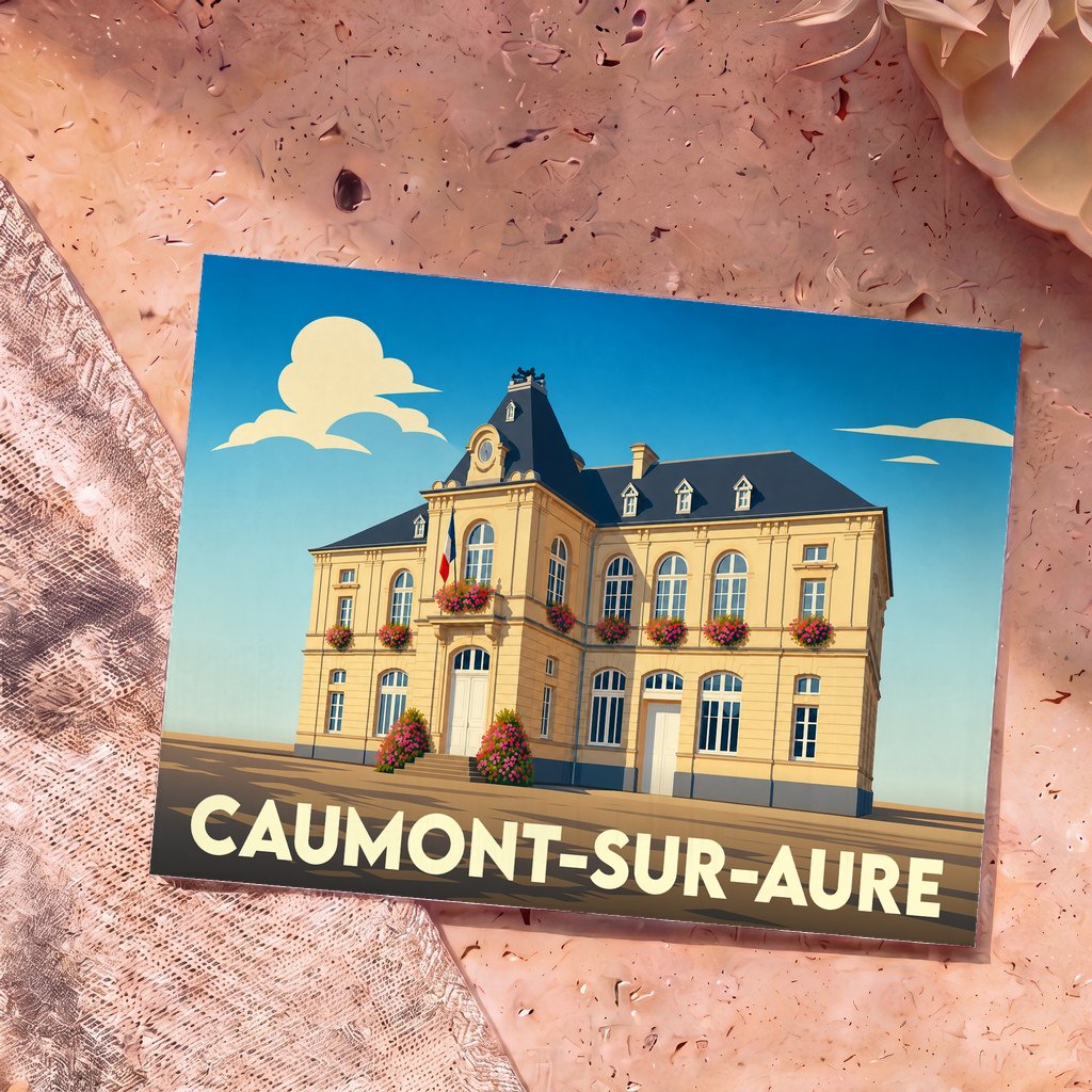 Carte postale souvenir de la ville de Caumont-sur-Aure illustrant une mairie de style classique.