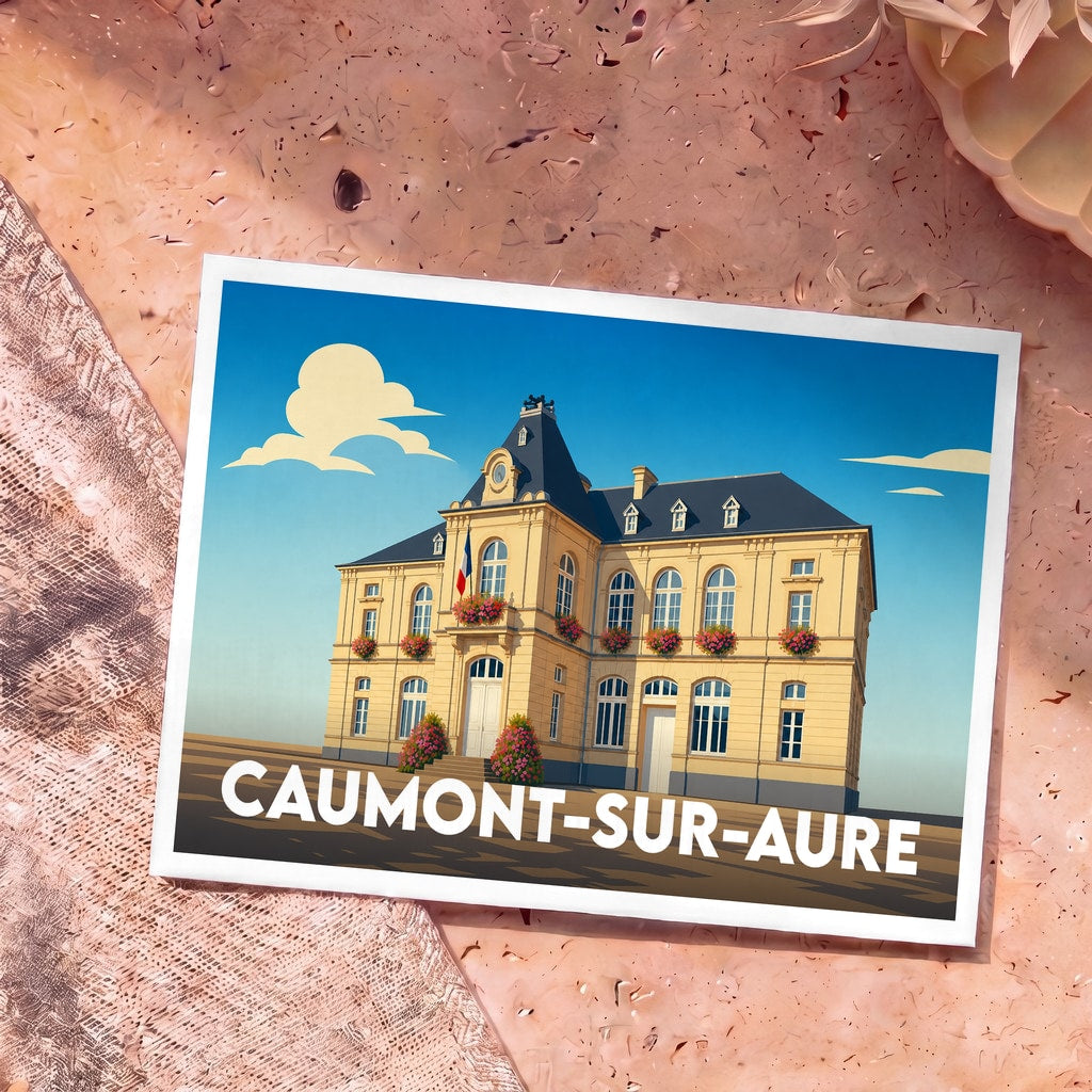 Carte postale souvenir de la ville de Caumont-sur-Aure illustrant une mairie de style classique.