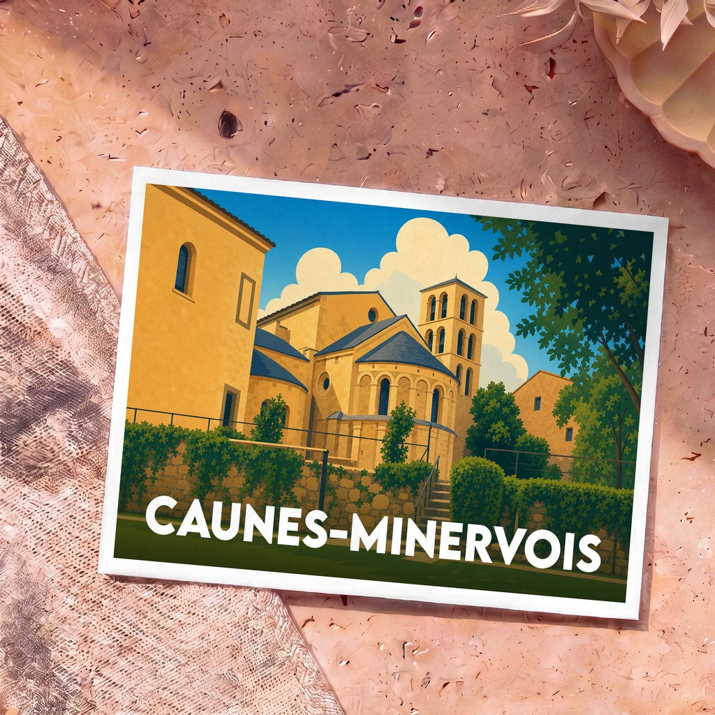 Carte postale souvenir de la ville de Caunes-Minervois illustrant l'abbaye avec un style graphique épuré.