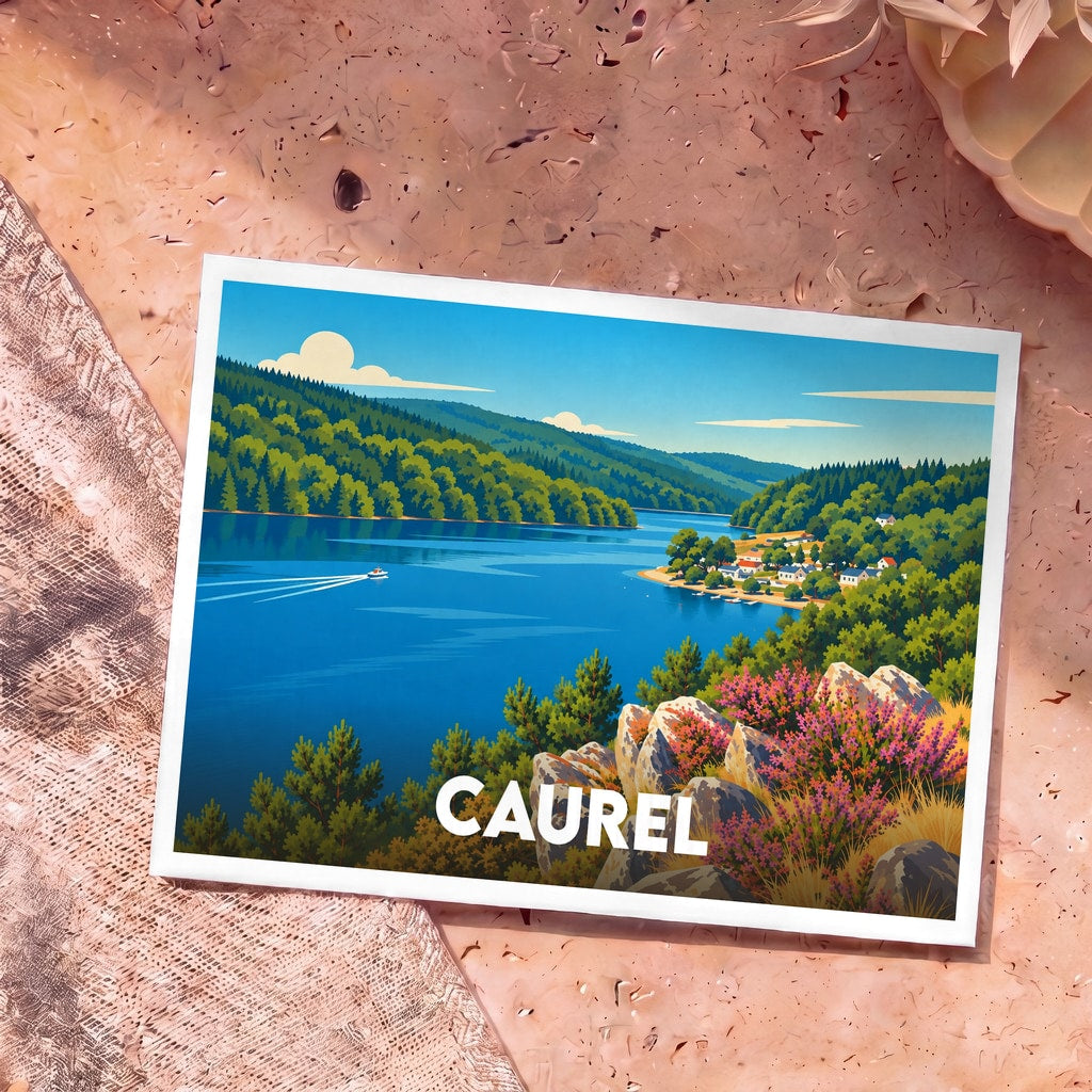 Carte postale souvenir de la ville de Caurel avec une illustration stylisée du lac de Guerlédan.