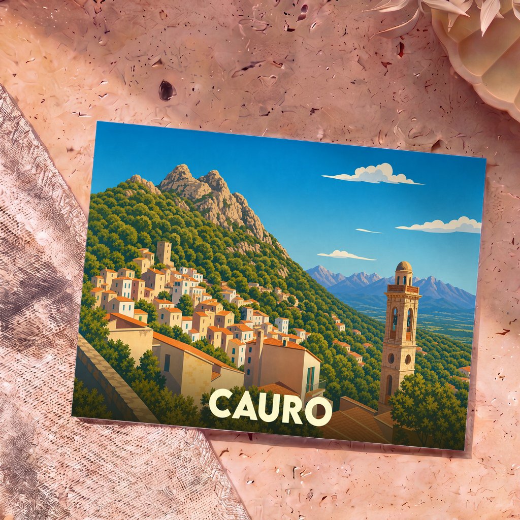 Carte postale souvenir de la ville de Cauro avec une illustration stylisée d'un village corse à flanc de montagne.