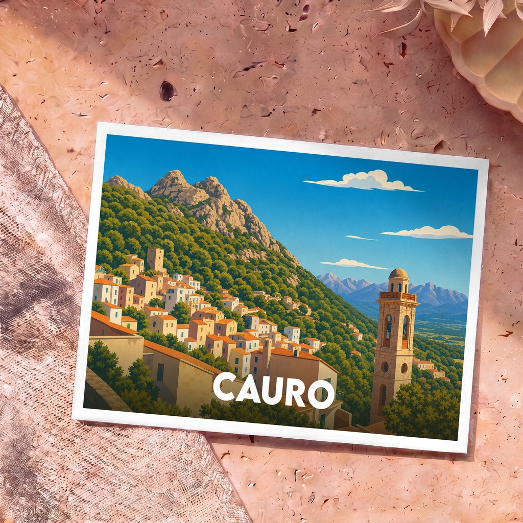 Carte postale souvenir de la ville de Cauro avec une illustration stylisée d'un village corse à flanc de montagne.