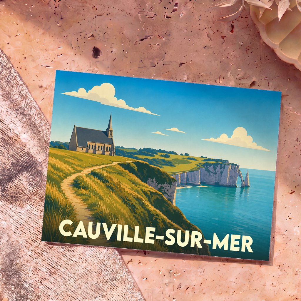 Carte postale souvenir de Cauville-sur-Mer illustrant une église sur une falaise surplombant l’océan dans un style rétro.