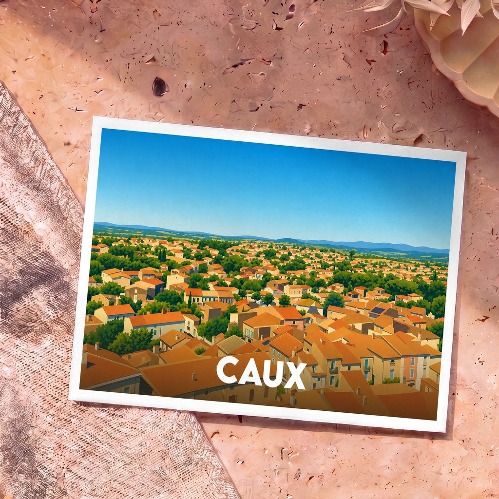 Carte postale souvenir de la ville de Caux avec une illustration stylisée vue du ciel.