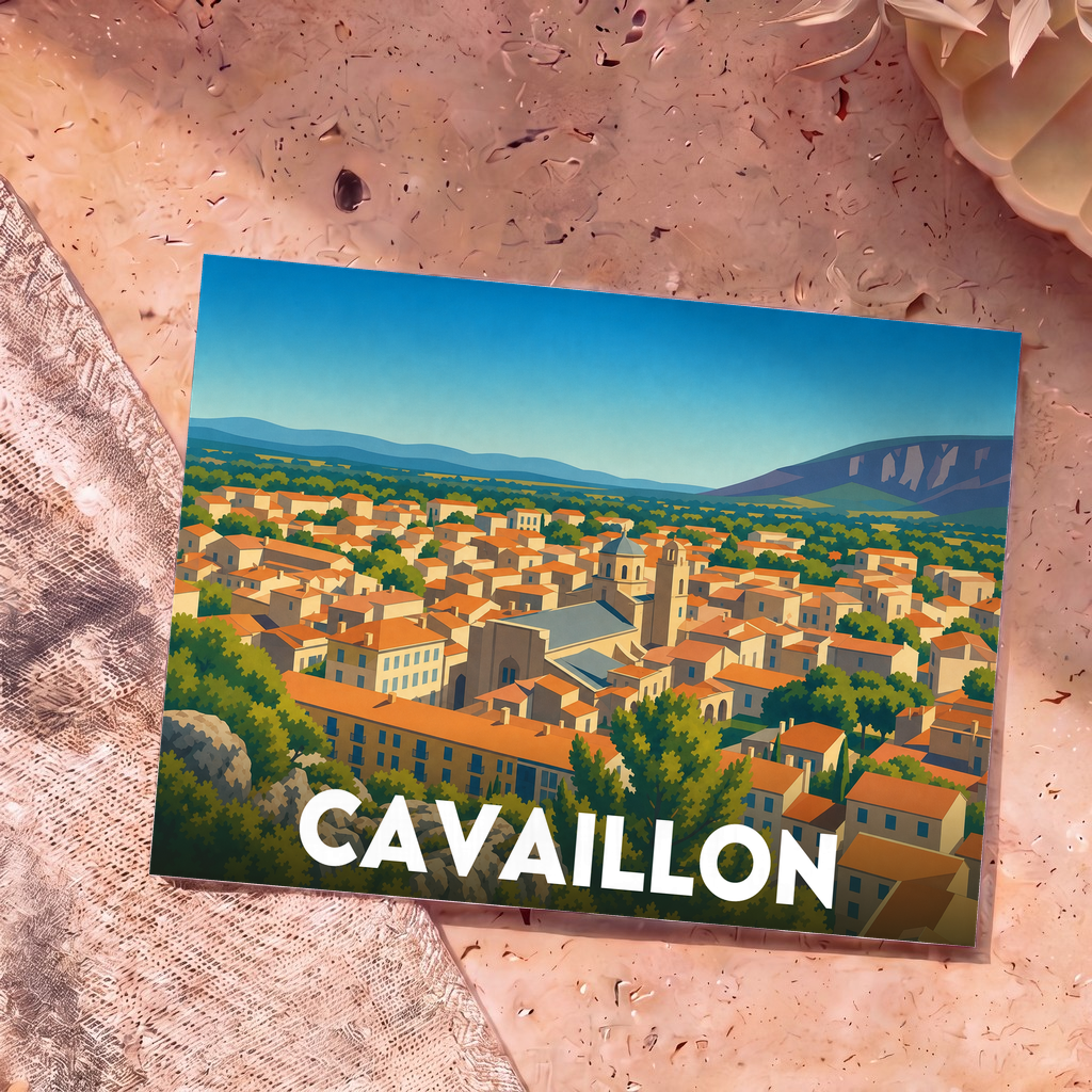 Carte postale souvenir de la ville de Cavaillon avec une illustration stylisée et colorée de ses toits.