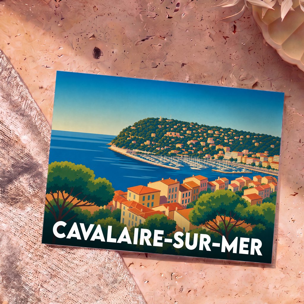 Carte postale souvenir de Cavalaire-sur-Mer avec une illustration stylisée de son port et de ses collines.