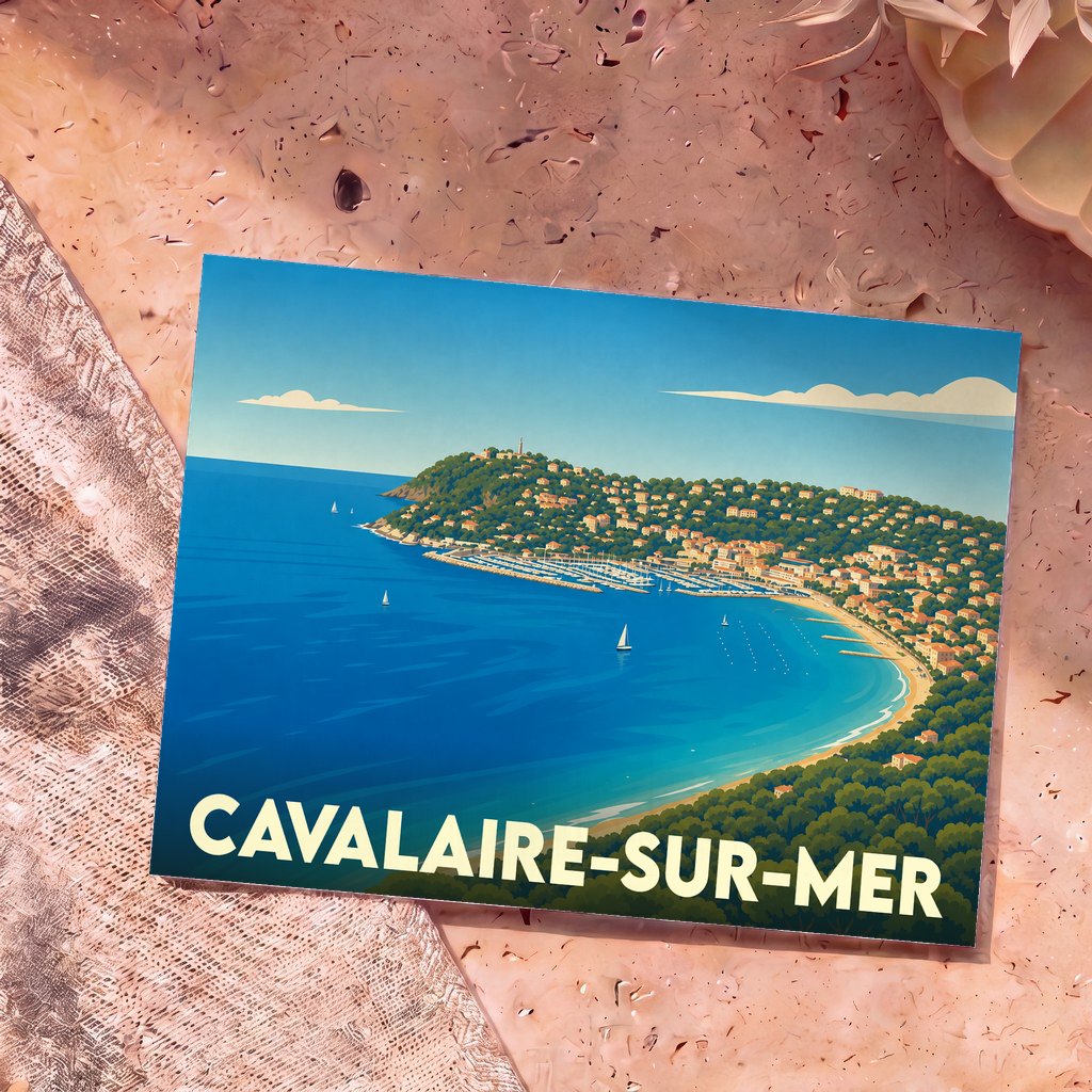 Carte postale souvenir de la ville de Cavalaire-sur-Mer avec une illustration stylisée de sa baie.