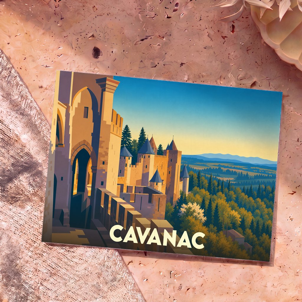 Carte postale souvenir de la ville de Cavanac illustrant sa cité médiévale dans un style graphique épuré.