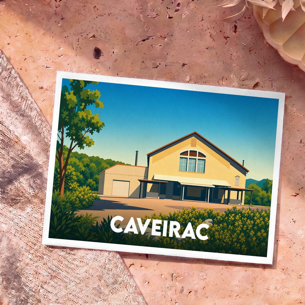 Carte postale souvenir de la ville de Caveirac avec une illustration stylisée et colorée de ses paysages.