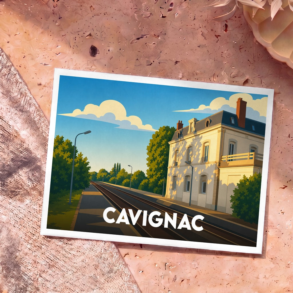 Carte postale souvenir de la ville de Cavignac avec une illustration stylisée de sa gare ferroviaire.