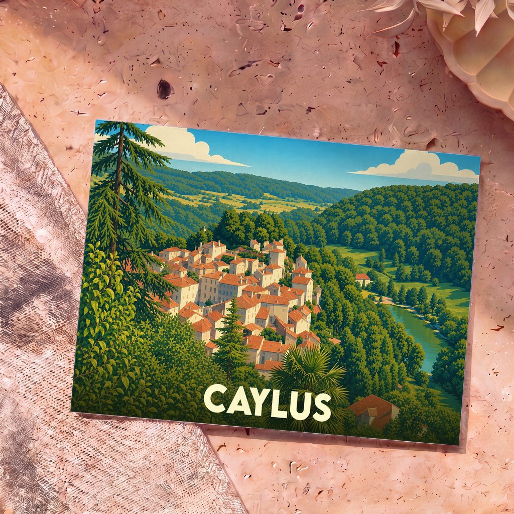 Carte postale souvenir de la ville de Caylus illustrant un village perché dans une vallée verdoyante.