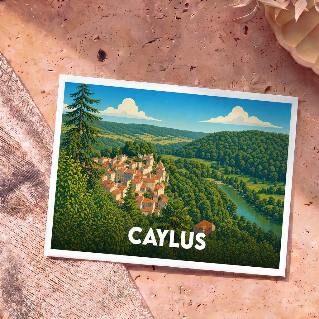 Carte postale souvenir de la ville de Caylus illustrant un village perché dans une vallée verdoyante.