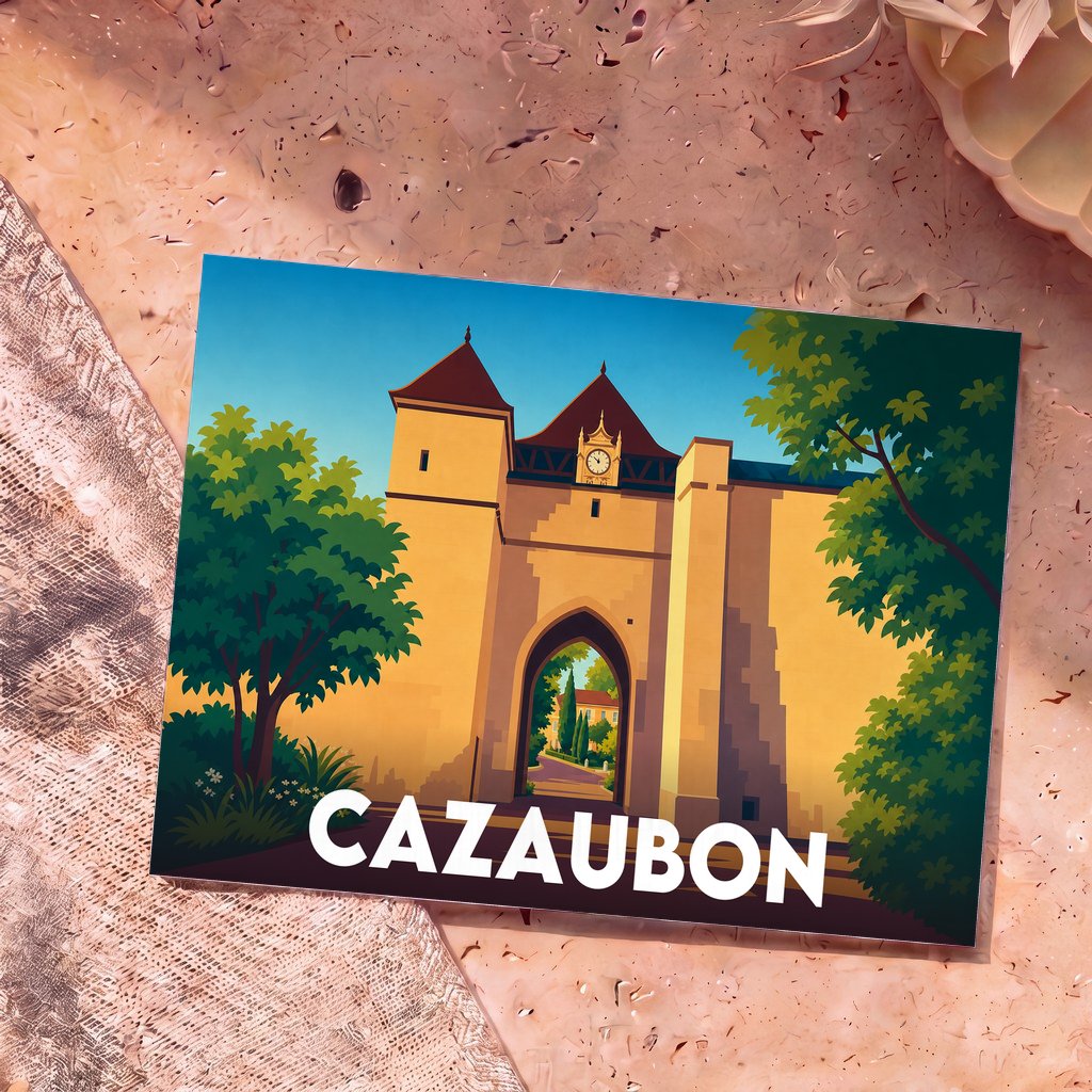 Carte postale souvenir de la ville de Cazaubon avec une illustration stylisée de sa porte médiévale.