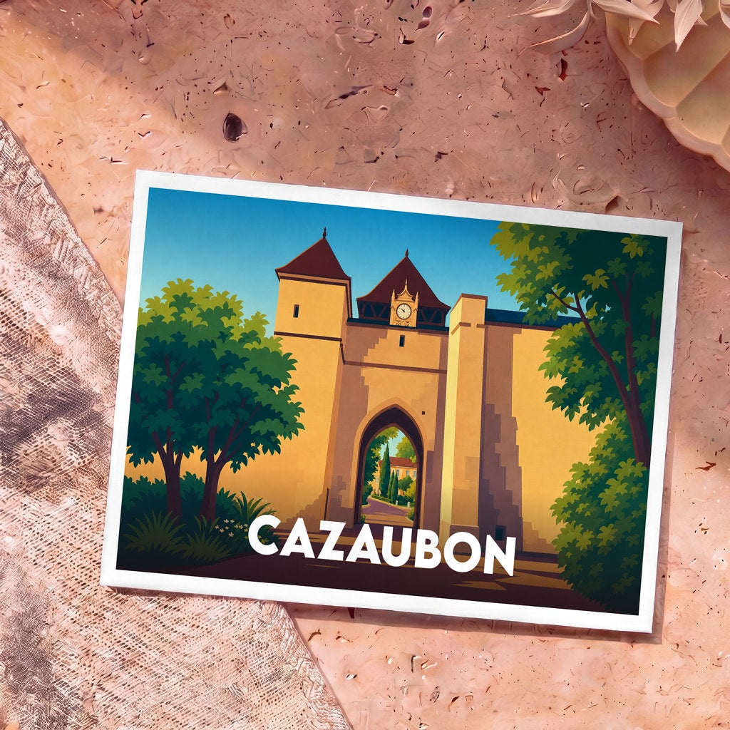 Carte postale souvenir de la ville de Cazaubon avec une illustration stylisée de sa porte médiévale.