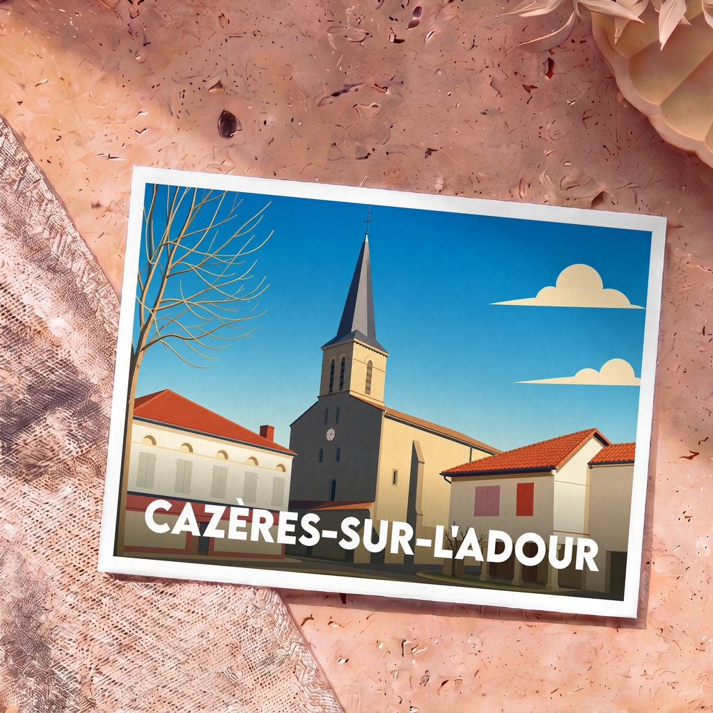 Carte postale souvenir de la ville de Cazères-sur-l'Adour avec une illustration stylisée de son église et de ses maisons landaises.