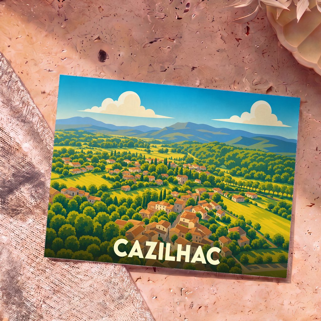Carte postale souvenir de la ville de Cazilhac avec une illustration stylisée de son paysage vallonné.