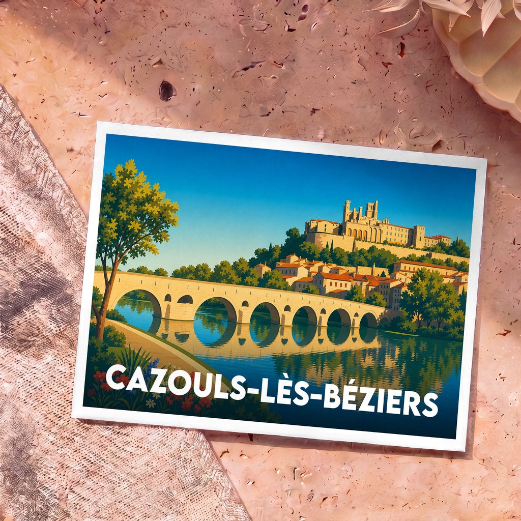 Carte postale souvenir de la ville de Cazouls-lès-Béziers arborant une illustration stylisée de son patrimoine.