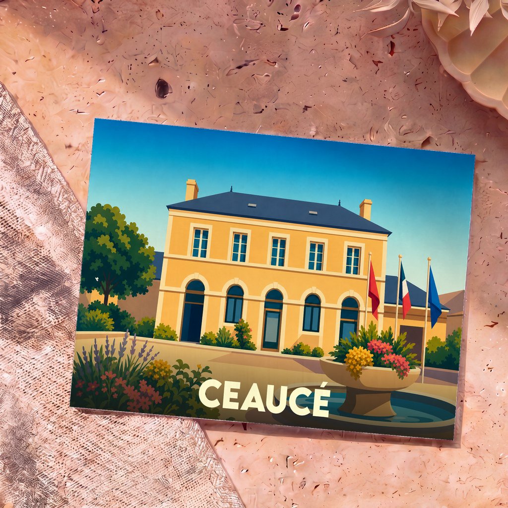 Carte postale souvenir de la ville de Ceaucé avec une illustration stylisée de sa mairie.