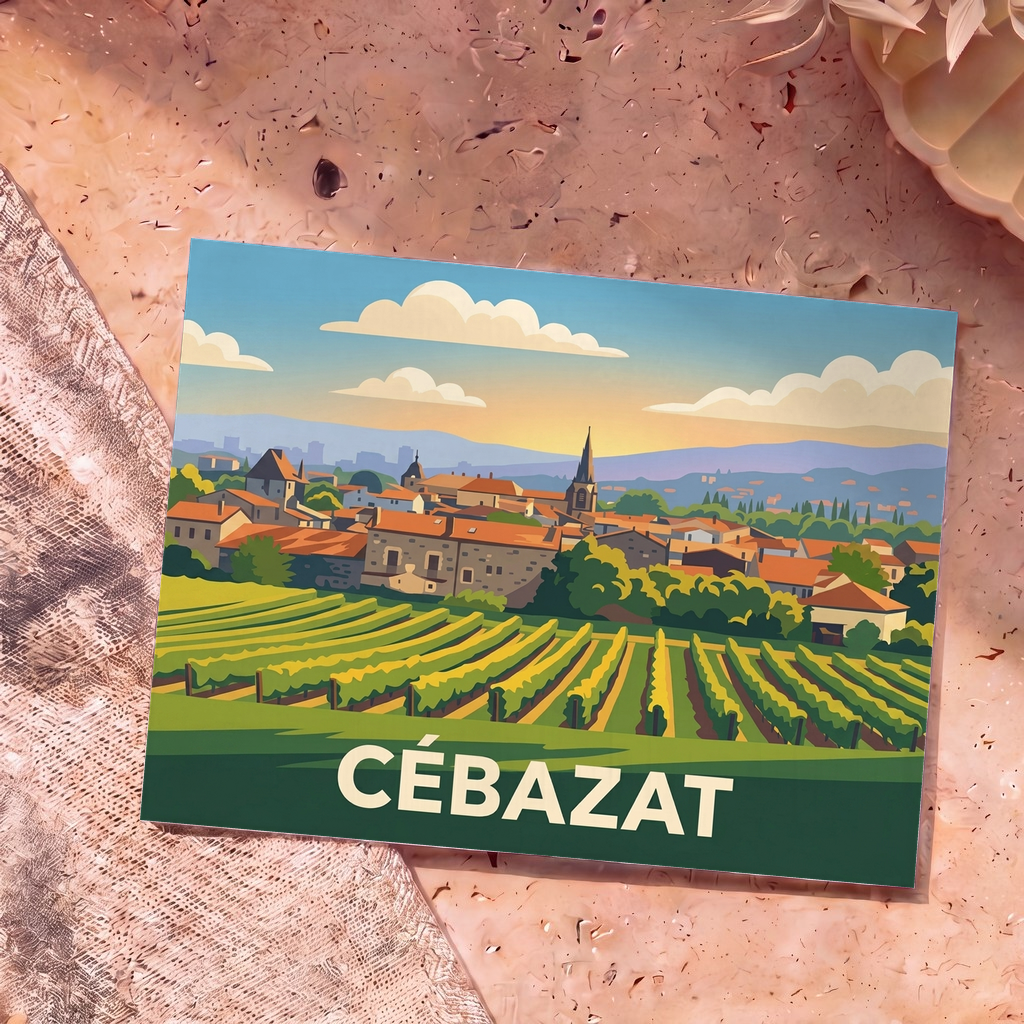 Carte postale souvenir de la ville de Cébazat avec une illustration stylisée d'un vignoble et d'un panorama urbain.